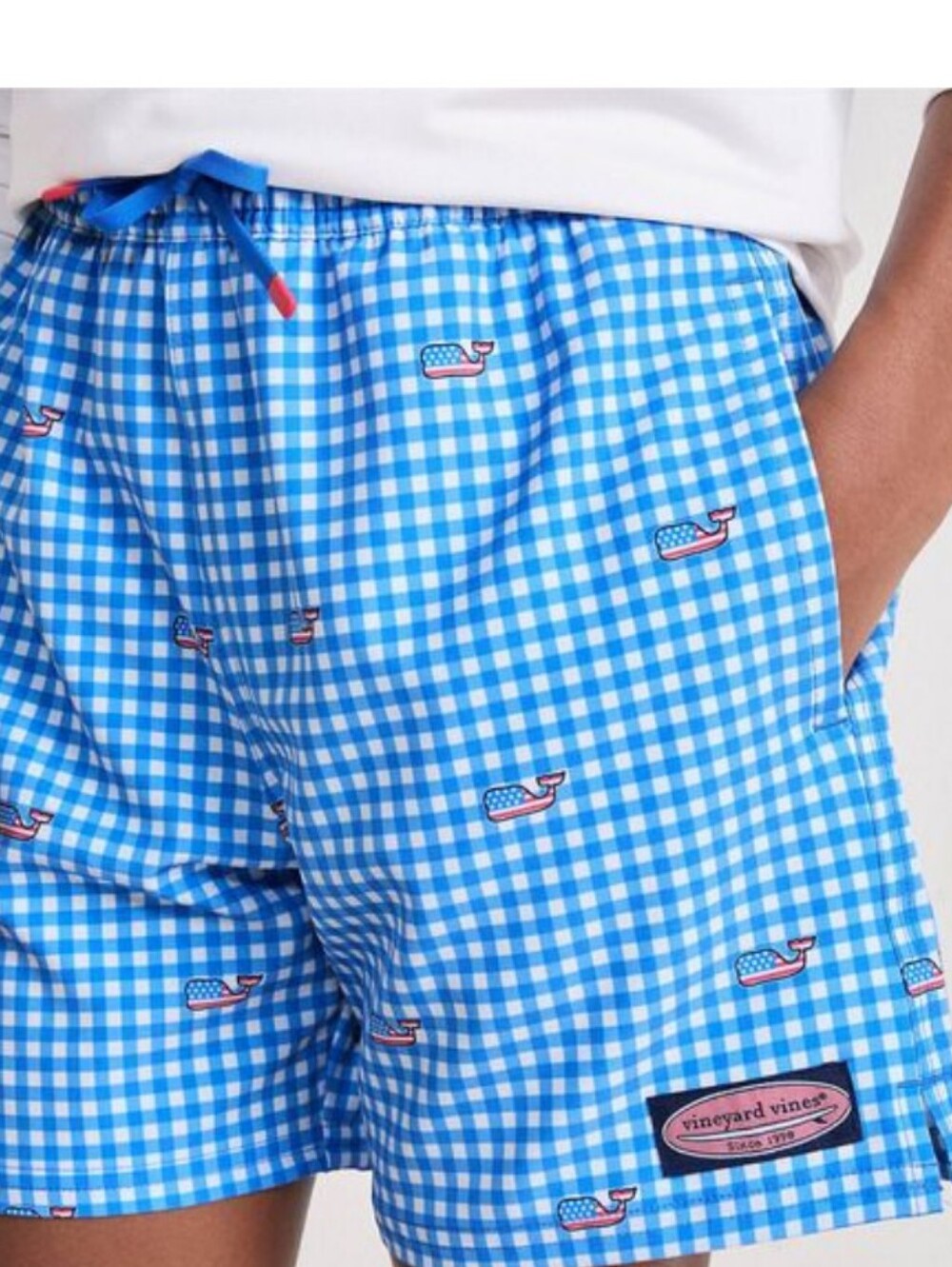 Vineyard Vines Boys Chappy Swim Trunks Blue Gingham Check American Flag Whales M